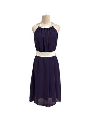 Vintage 90s Dessy Collection Concord Purple Halter Dress Size 16 Beaded Neckline